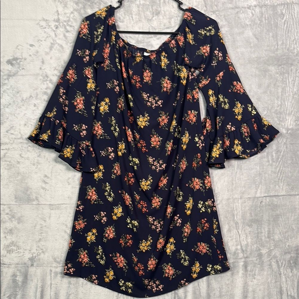 Nicole Miller Studio Navy Floral Peasant Midi Off the Shoulder Dress Size 2